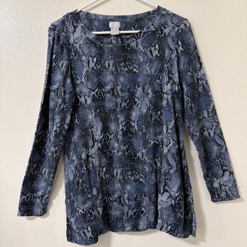 Chico's Blue Reptile Print Stretch Tunic Sz 0 Small Blouse Top 100% Pima Cotton